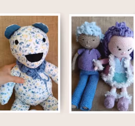 Créations de l’atelier : ours en tissu fleuri et poupées au crochet